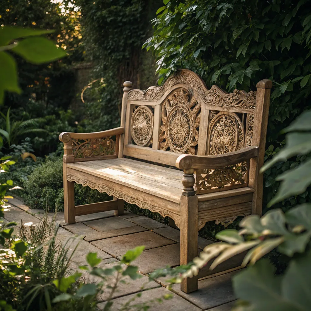 A beautifully crafted wooden garden bench surrounded by greenery