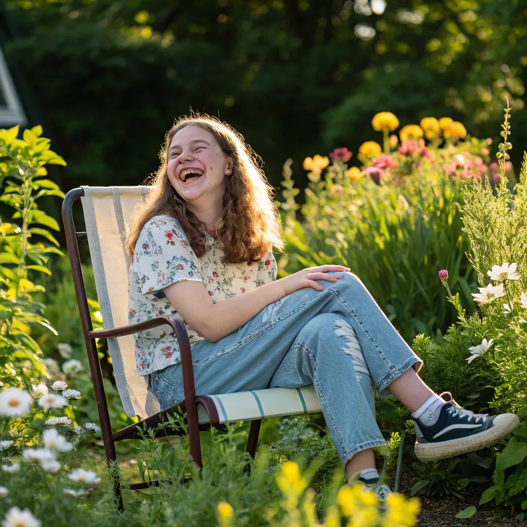 Happy student Emily with her garden chair