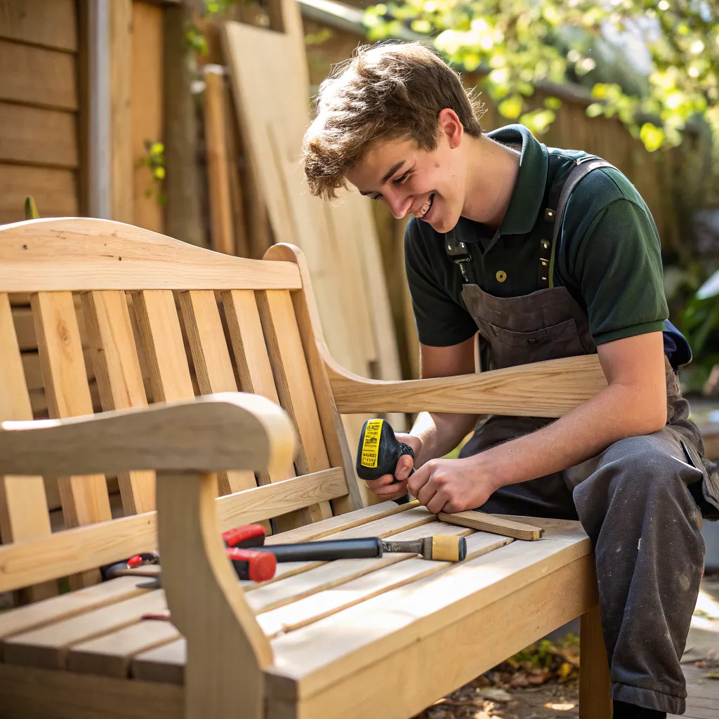 Satisfied student Michael crafting a garden bench