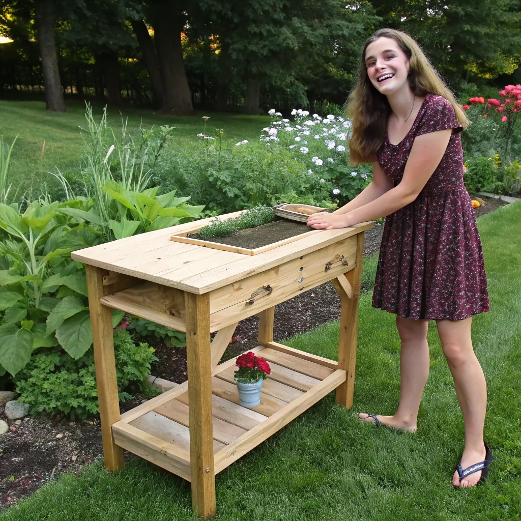 Pleased student Sarah with her handcrafted garden table